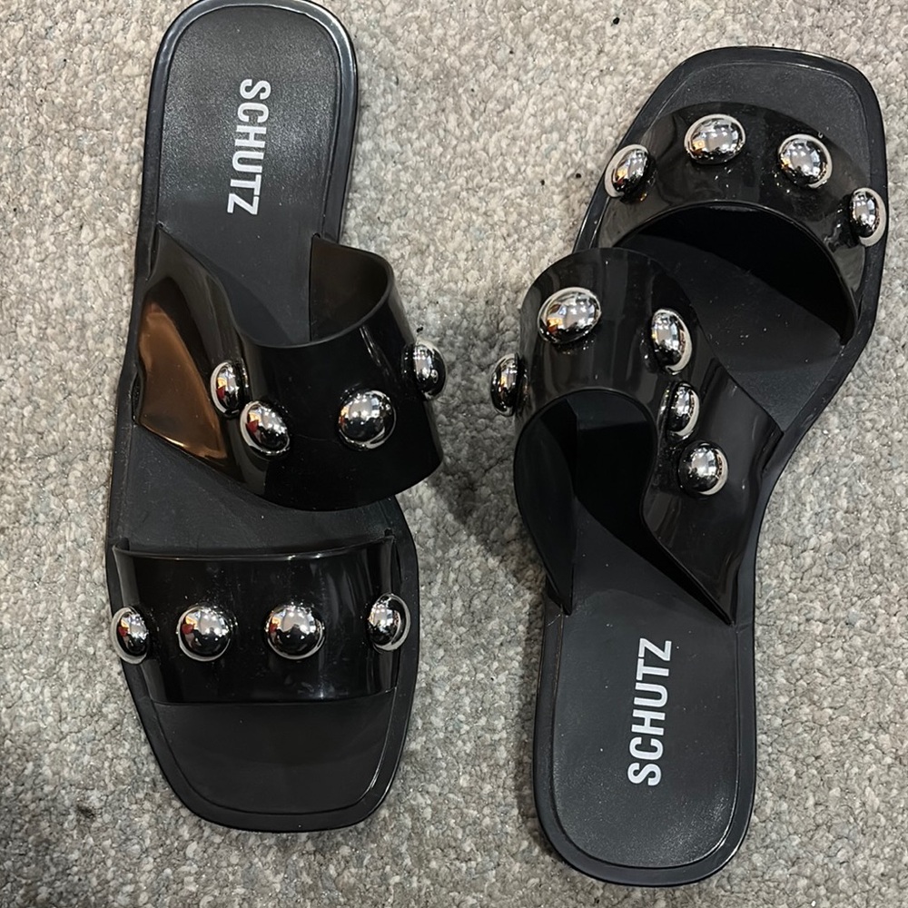Schutz Black Slide Sandals with Silver Accents - Picture 4 of 4